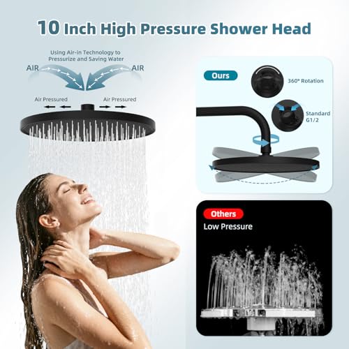 Hibbent Upgraded cUPC Certified Selfcleaning Shower Head Combo High Pressure 10 Rain Showerhead with 3Spray Handheld All Metal Arm with Easy Reach 4way Diverter 71 Hose Holder Matte Black - Image 3