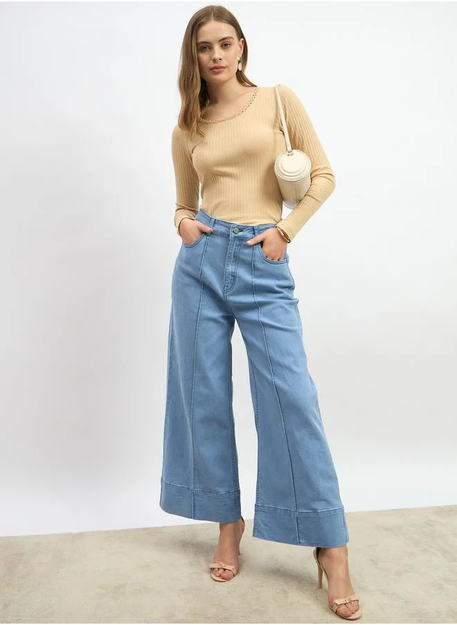Styli Styli Mid Rise Wide Leg Jeans with Pintuck Detail