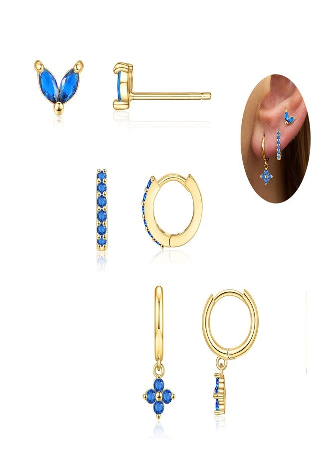 MOZAKA 3 Pairs Dainty Gold/Silver Three Hole Birthstone Earrings Set for Multiple Piercing Non Tarnish 14k Gold Plated Hypoallergenic Cartilage Small Hoop Stud Earrings Stacks Set for Women Birthday - Image 2