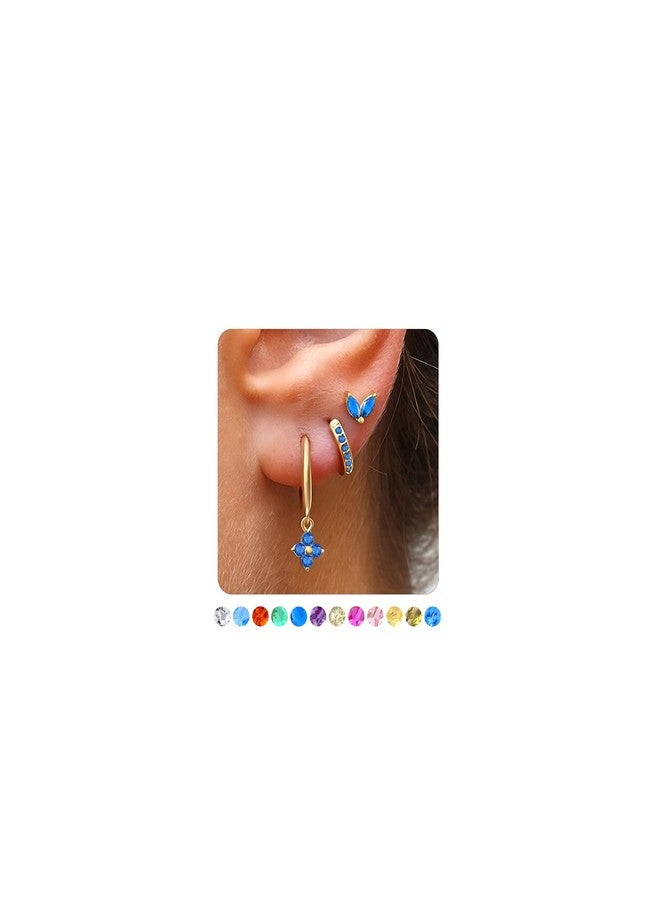 MOZAKA 3 Pairs Dainty Gold/Silver Three Hole Birthstone Earrings Set for Multiple Piercing Non Tarnish 14k Gold Plated Hypoallergenic Cartilage Small Hoop Stud Earrings Stacks Set for Women Birthday - Image 1