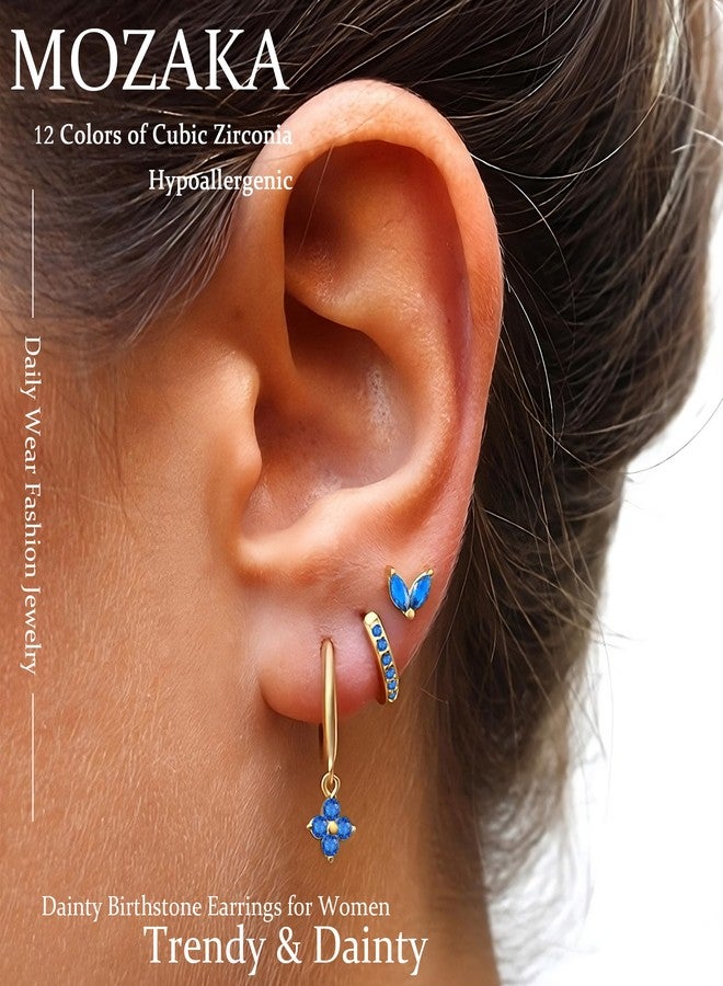 MOZAKA 3 Pairs Dainty Gold/Silver Three Hole Birthstone Earrings Set for Multiple Piercing Non Tarnish 14k Gold Plated Hypoallergenic Cartilage Small Hoop Stud Earrings Stacks Set for Women Birthday - Image 3