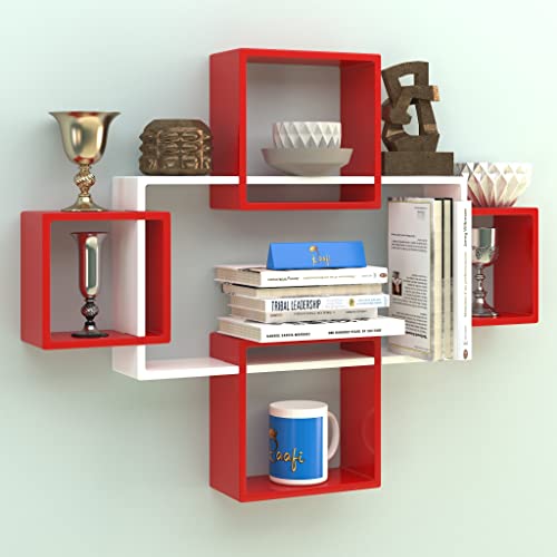 Raafi Exclusively Designed Engineered Wood Intersecting Decorative Living Room Wall Shelves (Set of 5) (Red & White) - Image 1