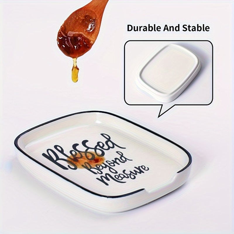 Heat Resistant Ceramic Spoon Rest White Blessed Beyond Measure Design for Stove Top Kitchen Counter - Image 4