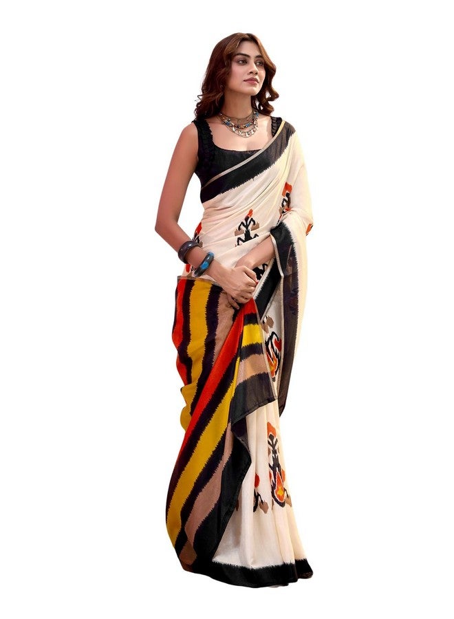 SIRIL ساري سيريلي النسائي من القطن والحرير بتصميم إيكات مع قطعة بلوزة غير مخيطة (4104S889_بيج وأسود) - Image 1