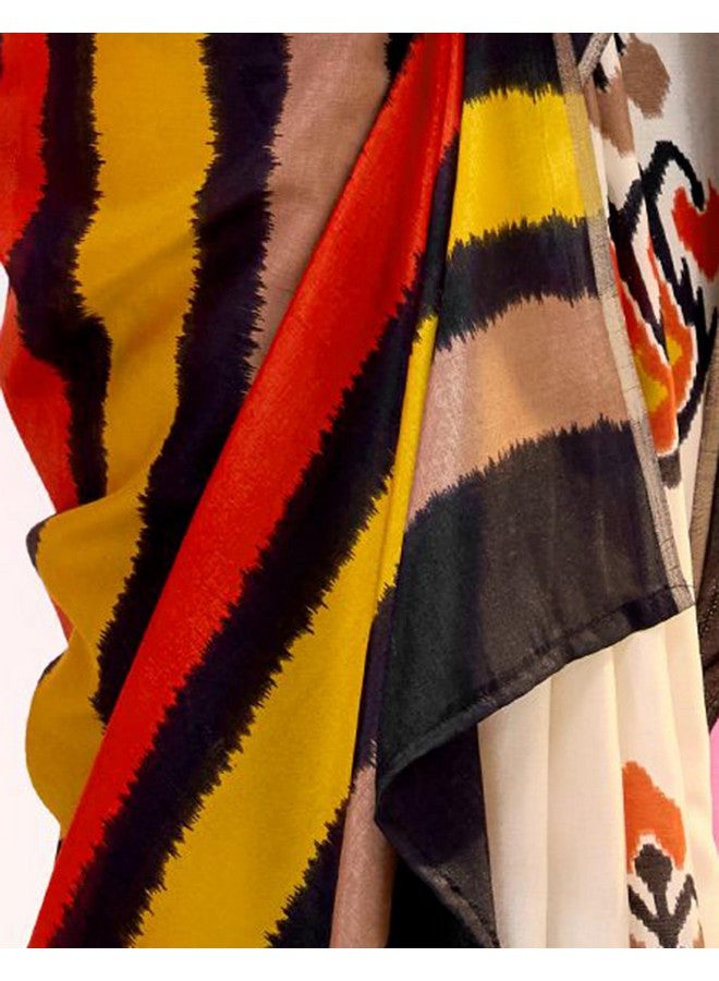 SIRIL ساري سيريلي النسائي من القطن والحرير بتصميم إيكات مع قطعة بلوزة غير مخيطة (4104S889_بيج وأسود) - Image 4