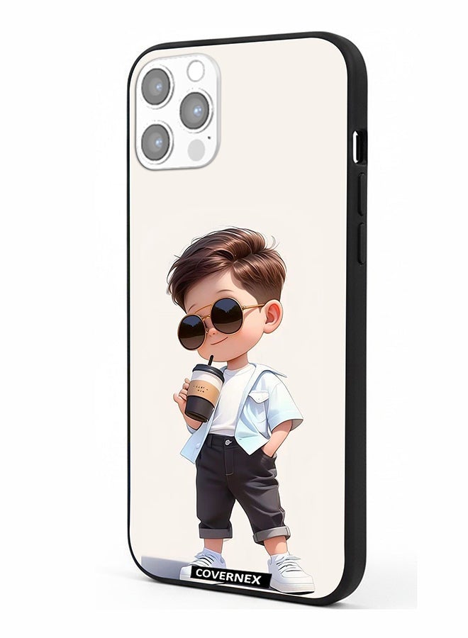 Covernex Apple iPhone 12 Pro Protective Case Cover Printed Featuring Cool Kid with Sunglasses and Coffee - Image 1