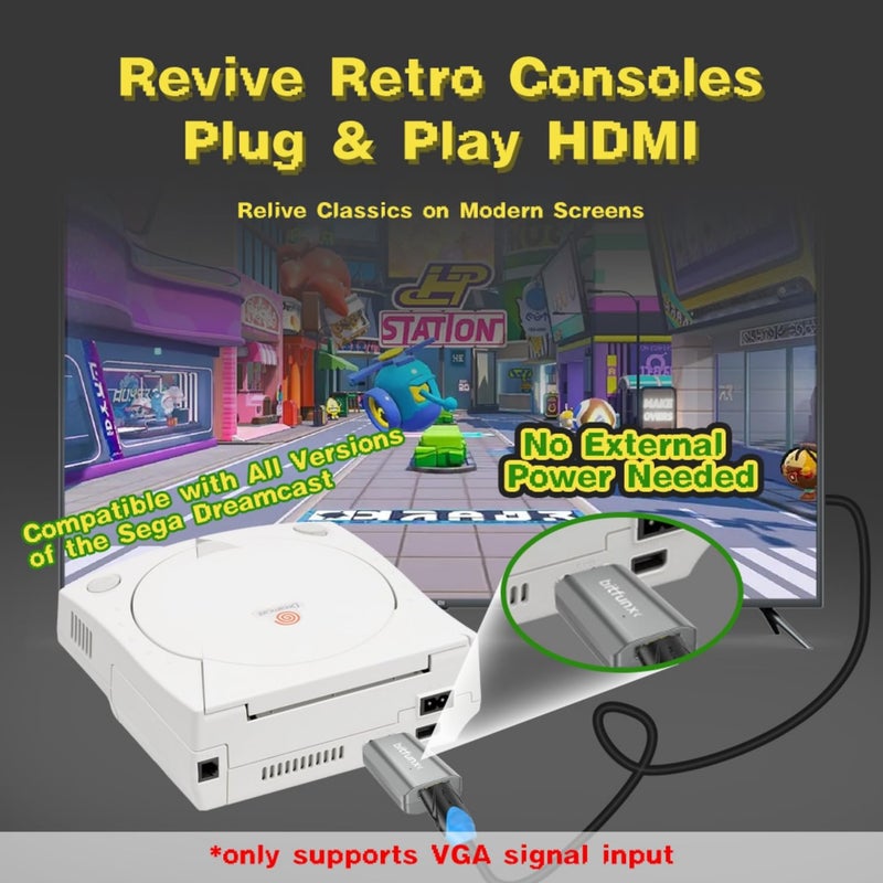 BITFUNX Dreamcast HDMIâ„¢ Adapter - Supports VGA to HDMIâ„¢, Plug & Play Video Game Adapter with No Lag, Mini HD Video Audio Converter for Dreamcast Game Console All Version - Image 2