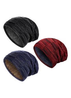 3Pcs Men Winter Beanie Hat Warm Slouchy Hats Men Knitted Beanie Hats Fleece Lined Skull Cap for Men (Black, Wine Red, Navy Blue)