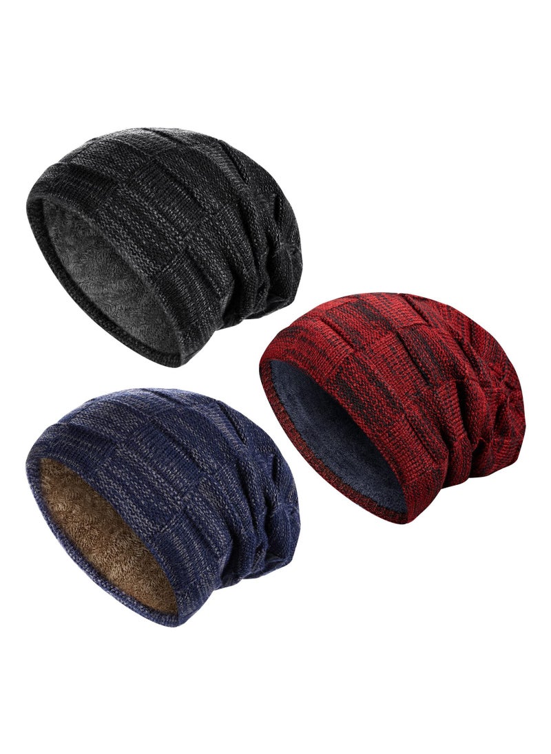 SYOSI - 3Pcs Men Winter Beanie Hat Warm Slouchy Hats Men Knitted Beanie Hats Fleece Lined Skull Cap for Men (Black, Wine Red, Navy Blue) - Image 1