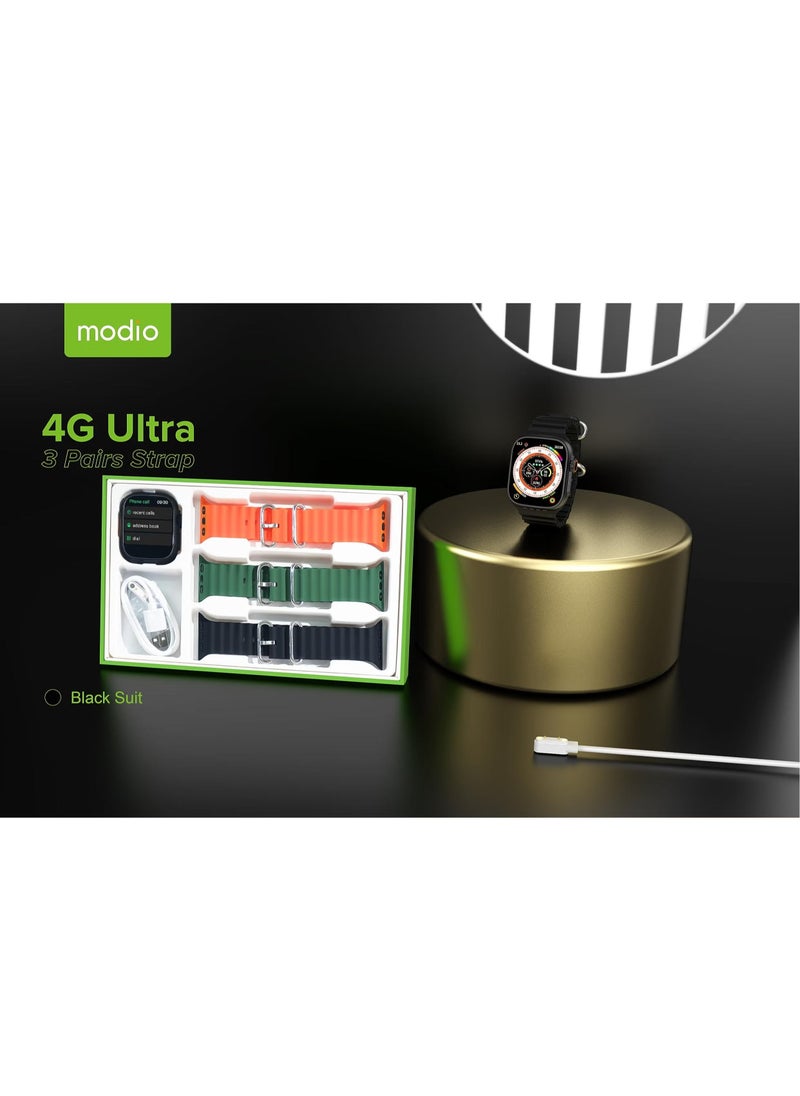 4G Ultra Smart Watch with 2.2 Inch HD Display & SIM Support – Gold, Three Strap Sets for Men | Advanced Features, Fitness Tracking & Bluetooth Connectivity
