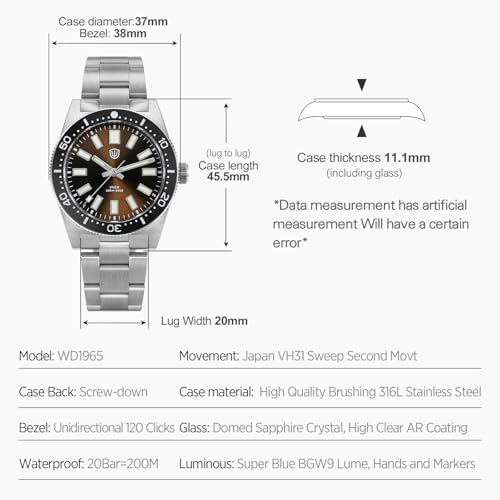 watchdives VH31 Quartz Watches, WD1965 62MAS Dive Watch 38mm Domed Sapphire Crystal Luxury Wristwatch 200M Waterproof Watches (Brown) - Image 2