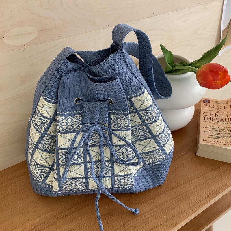 New Ethnic Style Tote Bag 2024 Casual Fashion Versatile Large Capacity Knitted Drawstring Shoulder Bag Women'S Bag - Image 1