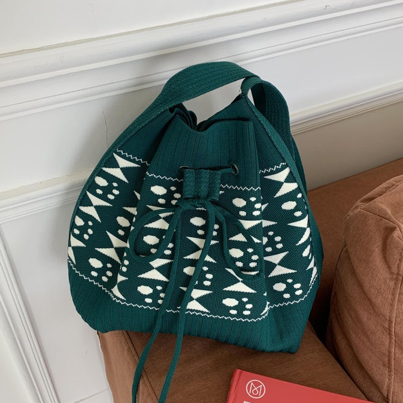 New Ethnic Style Tote Bag 2024 Casual Fashion Versatile Large Capacity Knitted Drawstring Shoulder Bag Women'S Bag - Image 4