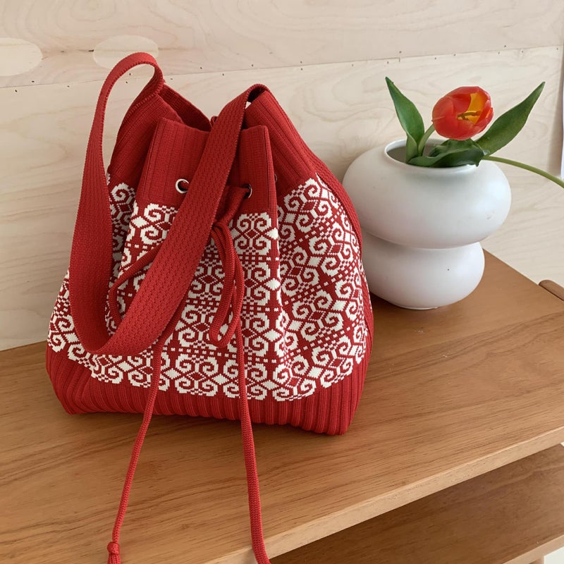 New Ethnic Style Tote Bag 2024 Casual Fashion Versatile Large Capacity Knitted Drawstring Shoulder Bag Women'S Bag - Image 2