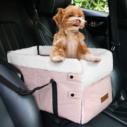 BONTHEE Center Console Dog Car Seat for Small DogsPU Leather Small Dog Car Booster SeatWashable Foldable with Safe Protection Hooks Adjustable Straps and Storage Pocket Pet Up to 15lbsPink - Image 1