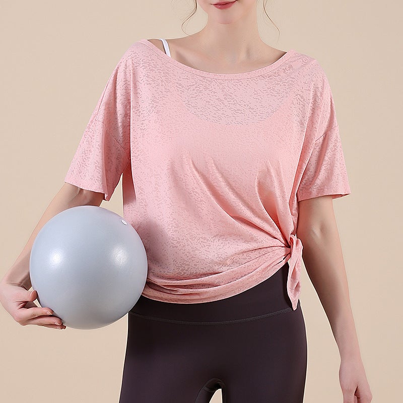 Generic Summer New Style Mesh Yoga Suit Quick-drying Breathable Loose Slimming Short-sleeved Sports Blouse Yoga Top Fitness Suit Pink flower net 