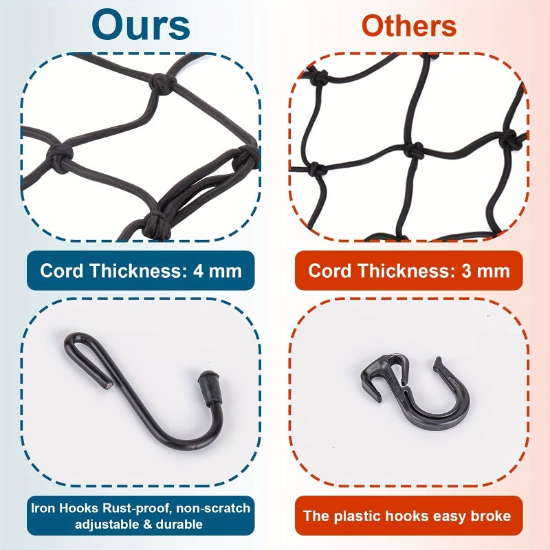1pc Latex Bungee Cargo Net With Small Mesh And Adjustable Metal Hooks For Motorcycle Bike ATV Luggage Helmet And Elastic Straps - Image 4