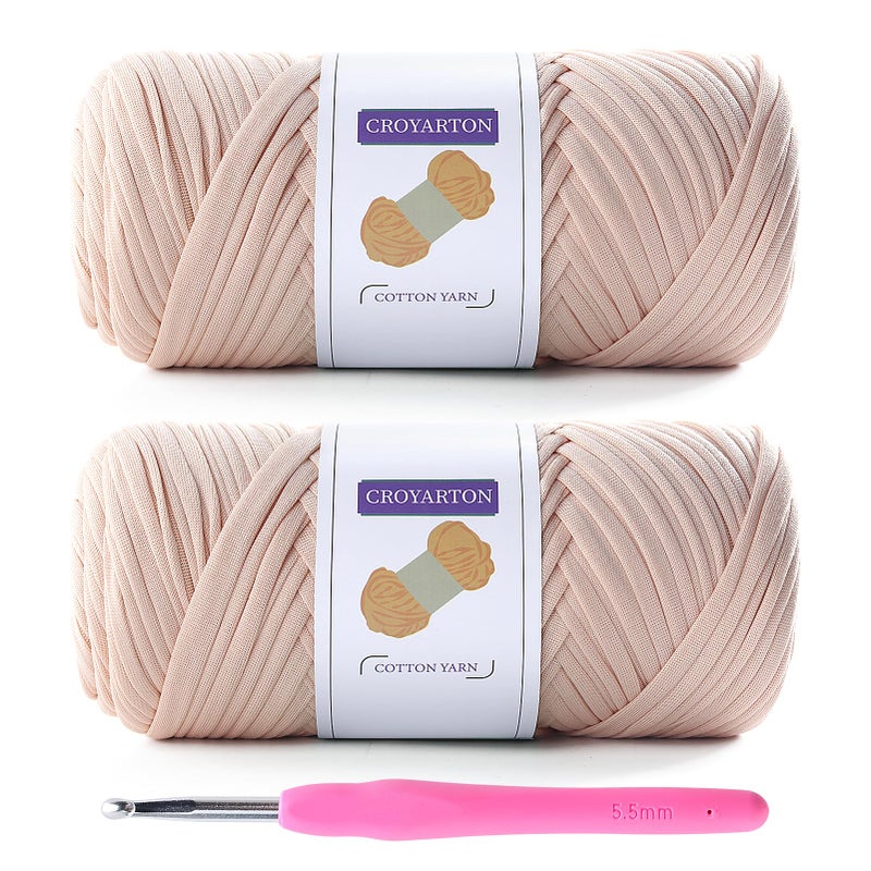 NDICANG 2 Pack Elastic T-Shirt Yarn for Crochet Bag/Baskets/Home Decor - 1 Crochet Hook, Thick Knitting Yarn - Total Length 130 Yds, Weight 14 Oz (Beige) - Image 1