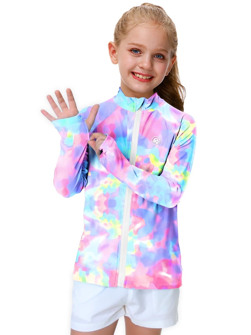 AOBUTE Kids Sun Shirt UPF 50+ Uv Rash Guard Girl Boy Zip SPF Shirts Long Sleeve Swim Tops with Thumb Holes Purple 11-12 Years - Image 2