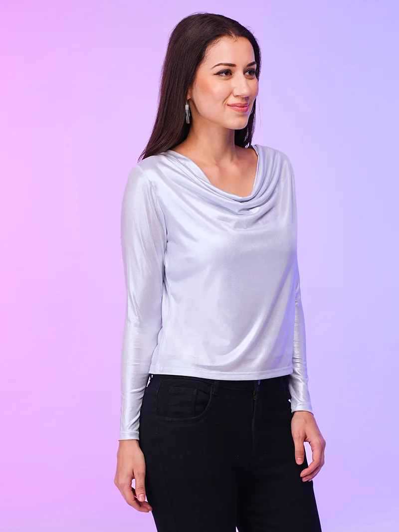 globus Women Cowl Neck Long Sleeves Shimmer Top