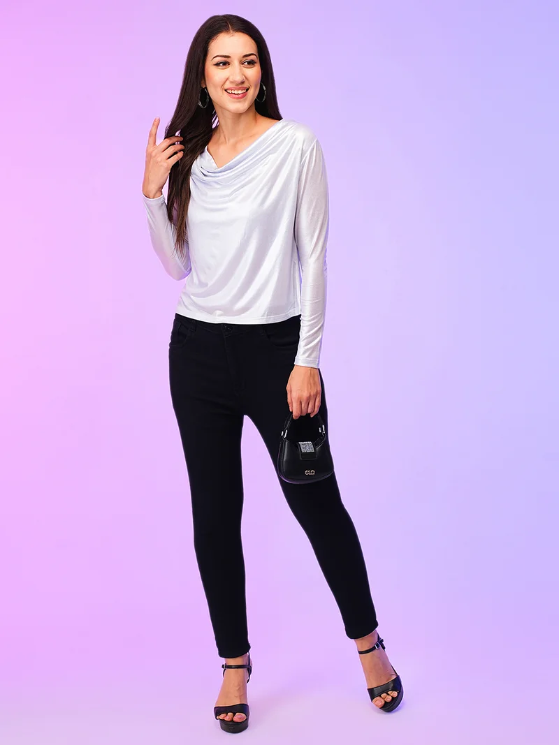 globus Women Cowl Neck Long Sleeves Shimmer Top