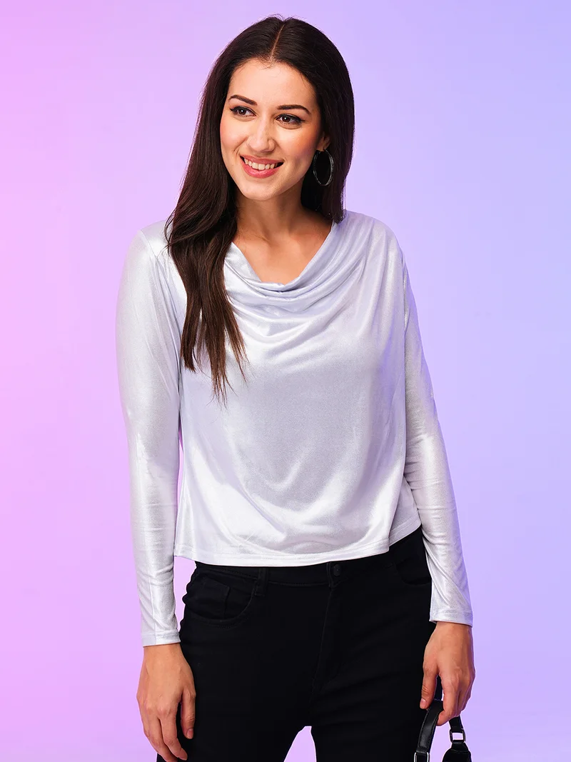 globus Women Cowl Neck Long Sleeves Shimmer Top