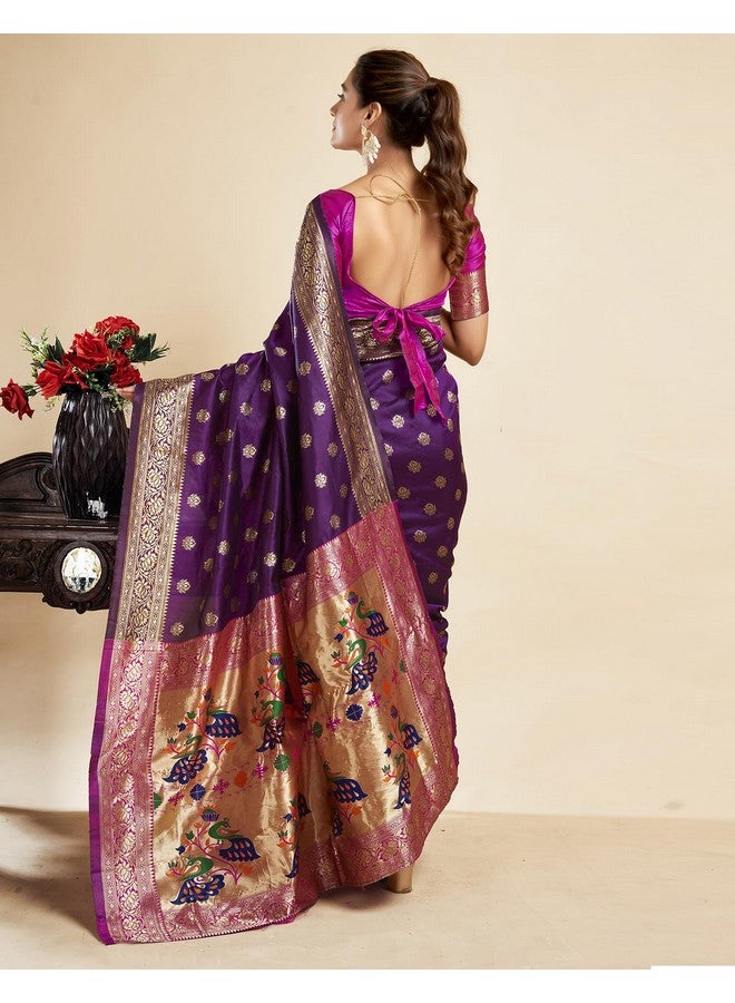 SIRIL Women's Paithani Soft Silk Zari Woven Saree With Unstitched Blouse Piece (3806S533_Dark Purple) - Image 4