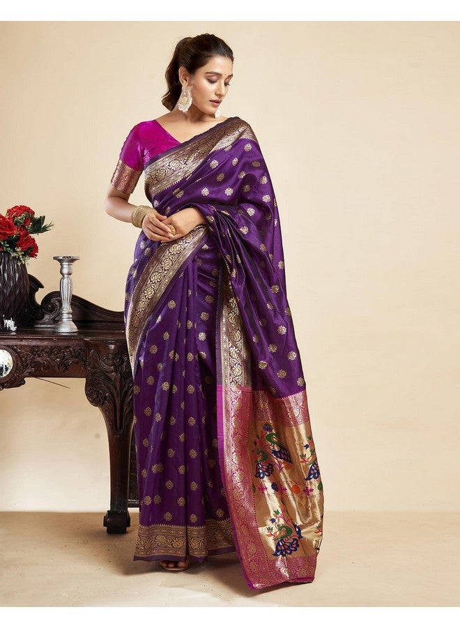 SIRIL Women's Paithani Soft Silk Zari Woven Saree With Unstitched Blouse Piece (3806S533_Dark Purple) - Image 2