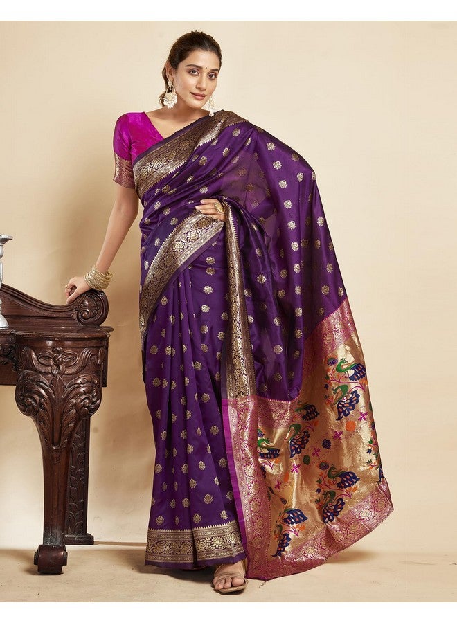 SIRIL Women's Paithani Soft Silk Zari Woven Saree With Unstitched Blouse Piece (3806S533_Dark Purple) - Image 5
