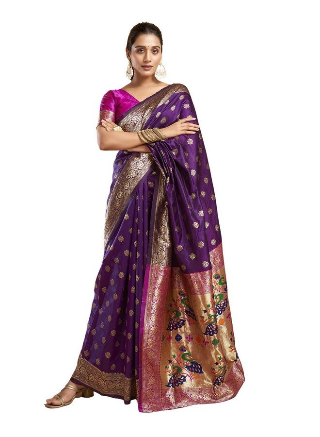SIRIL Women's Paithani Soft Silk Zari Woven Saree With Unstitched Blouse Piece (3806S533_Dark Purple) - Image 1