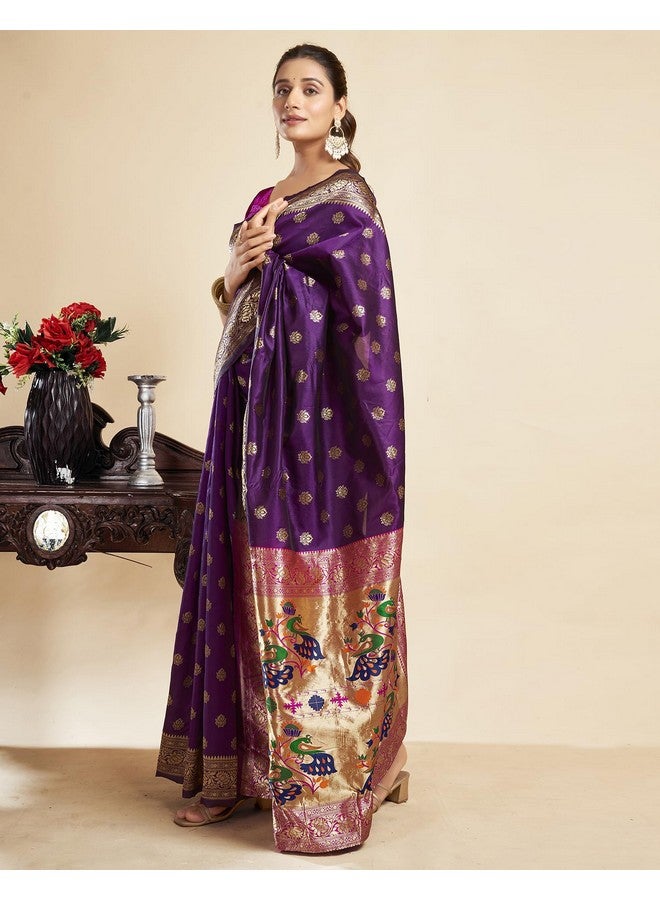 SIRIL Women's Paithani Soft Silk Zari Woven Saree With Unstitched Blouse Piece (3806S533_Dark Purple) - Image 3