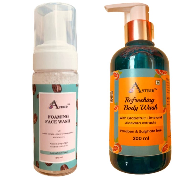 Astrid coffee foaming face wash 150 ml Astrid refreshing shower gel with fruit extracts 200 ml combo pack for glowing and hydration skin all skin types - Image 1