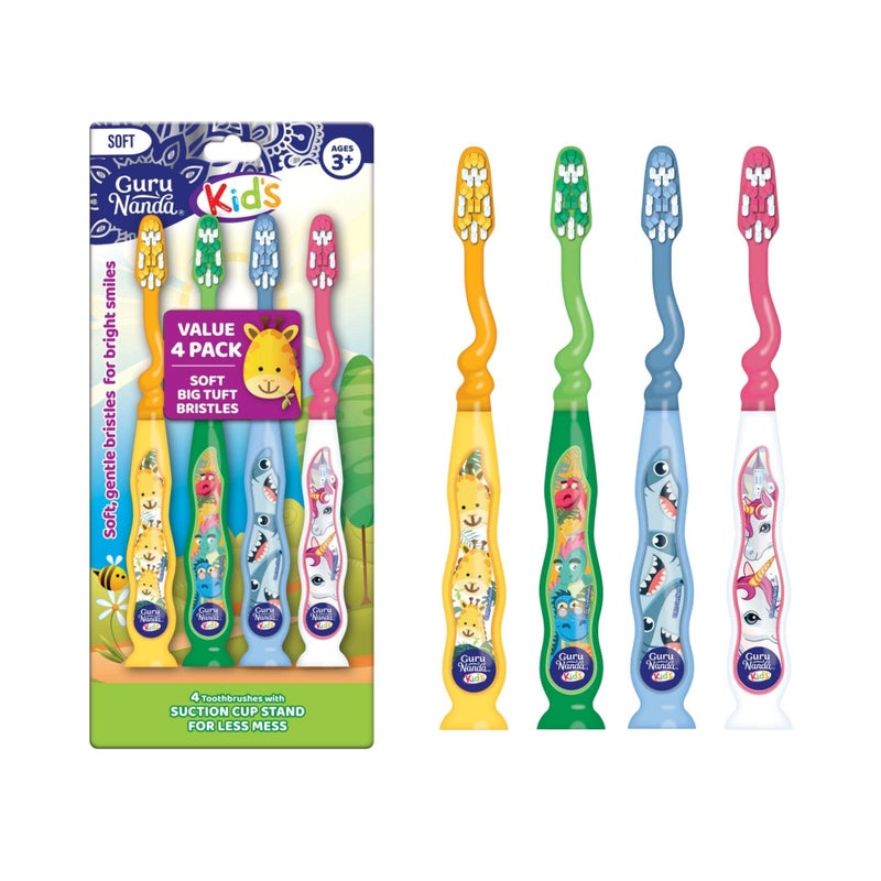 GuruNanda Kids Toothbrush with Suction Cup & Fun Animal Designs - Soft Bristles for Healthy Gums- Non-Slippery & Mess-Free Toothbrush, 3+ Age- 4 Count - Image 1