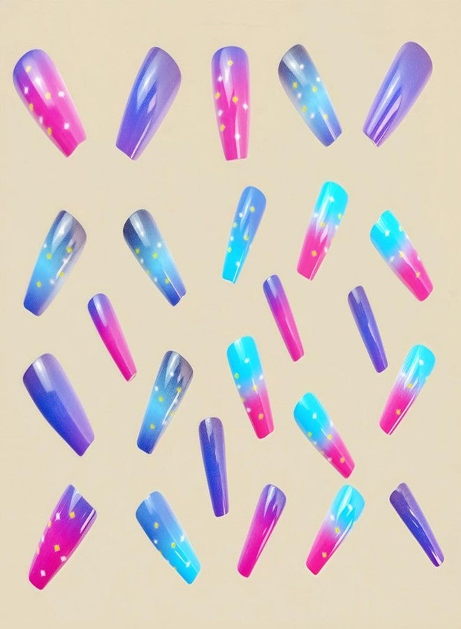 HJKDSFD Medium Press on Nails Coffin Fake Nails with Purple Blue Pink Gradient Design Glue on Nails Glossy Acrylic Full Cover Nails Press on Reusable False Nails Cute Stick on Nails for Women Girls 24Pcs - Image 2