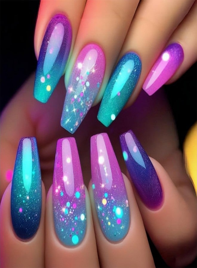 HJKDSFD Medium Press on Nails Coffin Fake Nails with Purple Blue Pink Gradient Design Glue on Nails Glossy Acrylic Full Cover Nails Press on Reusable False Nails Cute Stick on Nails for Women Girls 24Pcs - Image 1