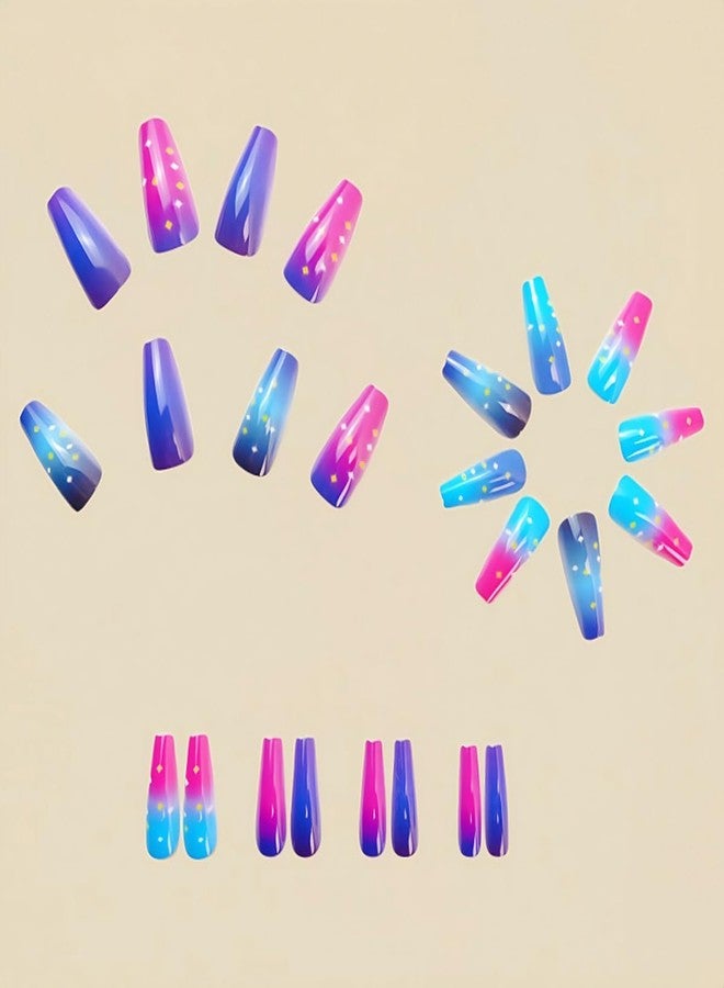 HJKDSFD Medium Press on Nails Coffin Fake Nails with Purple Blue Pink Gradient Design Glue on Nails Glossy Acrylic Full Cover Nails Press on Reusable False Nails Cute Stick on Nails for Women Girls 24Pcs - Image 3