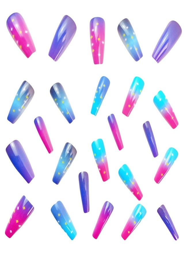HJKDSFD Medium Press on Nails Coffin Fake Nails with Purple Blue Pink Gradient Design Glue on Nails Glossy Acrylic Full Cover Nails Press on Reusable False Nails Cute Stick on Nails for Women Girls 24Pcs - Image 5