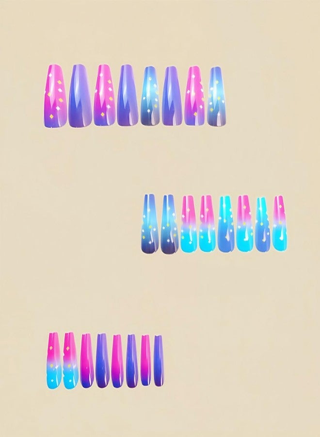 HJKDSFD Medium Press on Nails Coffin Fake Nails with Purple Blue Pink Gradient Design Glue on Nails Glossy Acrylic Full Cover Nails Press on Reusable False Nails Cute Stick on Nails for Women Girls 24Pcs - Image 4