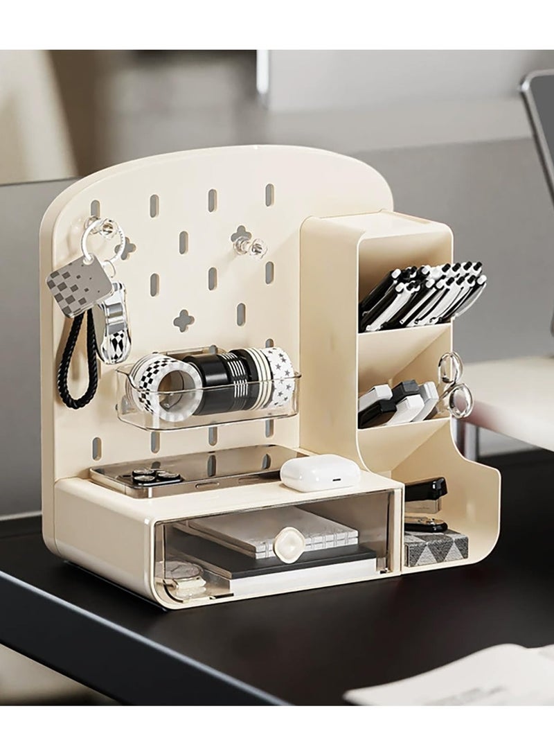 لوحة تعليق للمكتب، تنظيم أدوات مكتبية، لوحة تعليق لتنظيم سطح المكتب لغرفة الدراسة والمكتب، ملحقات تخزين قائمة بدون مثقاب (بيج، HC-1001) - Image 1