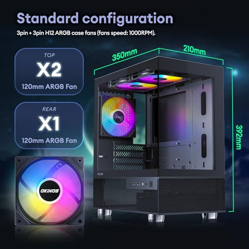 Okinos Aqua 3, Micro ATX Case, MATX PC Case with 3 X 120mm 3-Pin ARGB Fan Pre-Installed, Panoramic View Tempered Glass Front & Side Panel, with Type C Port, Black - Image 4