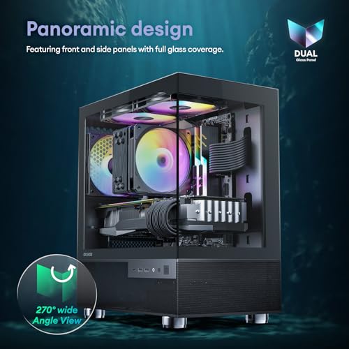 Okinos Aqua 3, Micro ATX Case, MATX PC Case with 3 X 120mm 3-Pin ARGB Fan Pre-Installed, Panoramic View Tempered Glass Front & Side Panel, with Type C Port, Black - Image 2