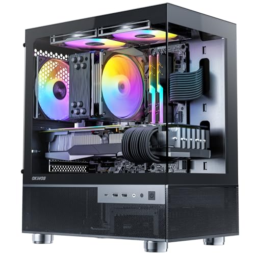 Okinos Aqua 3, Micro ATX Case, MATX PC Case with 3 X 120mm 3-Pin ARGB Fan Pre-Installed, Panoramic View Tempered Glass Front & Side Panel, with Type C Port, Black - Image 1