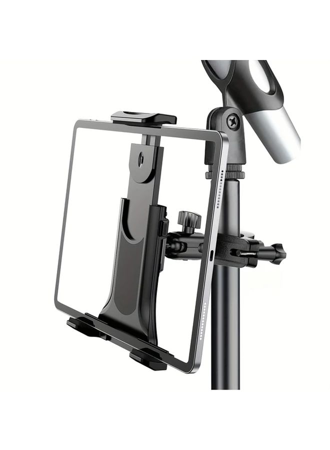 Black Universal Adjustable Tablet Phone Mount with Built in Microphone Ergonomic Grip for Running Bikes Streaming - Image 1