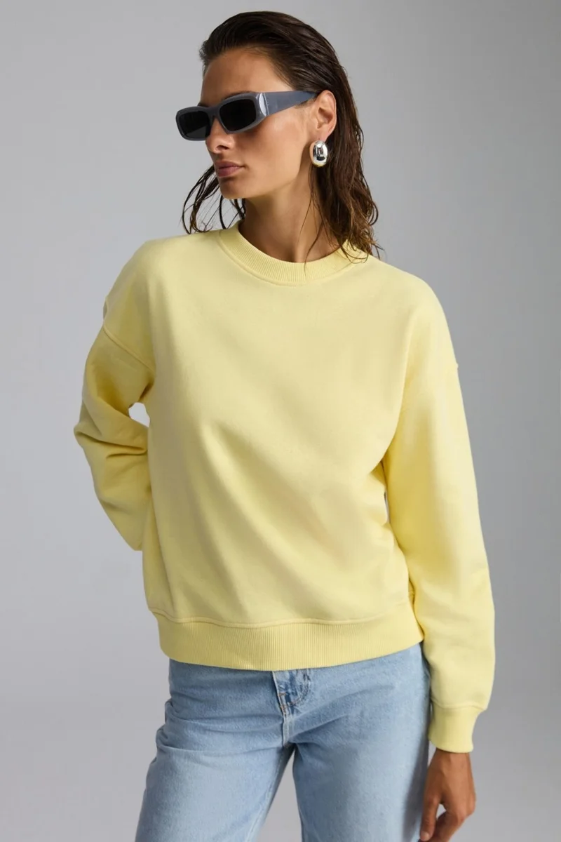 GRIMELANGE VANELTINA Women's Crew Neck Polar Fleece Oversize Fit Basic Yellow Sweatshirt