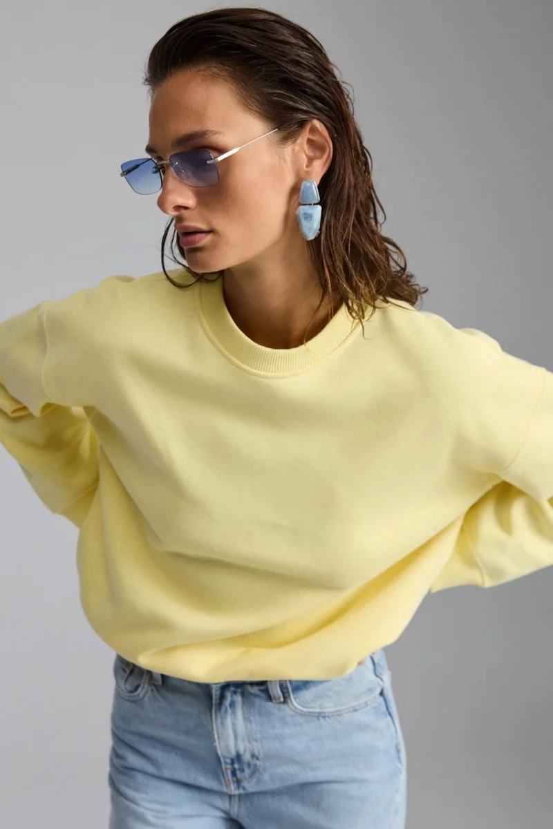 GRIMELANGE VANELTINA Women's Crew Neck Polar Fleece Oversize Fit Basic Yellow Sweatshirt