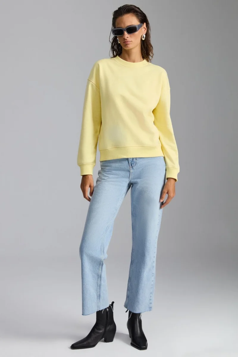 GRIMELANGE VANELTINA Women's Crew Neck Polar Fleece Oversize Fit Basic Yellow Sweatshirt
