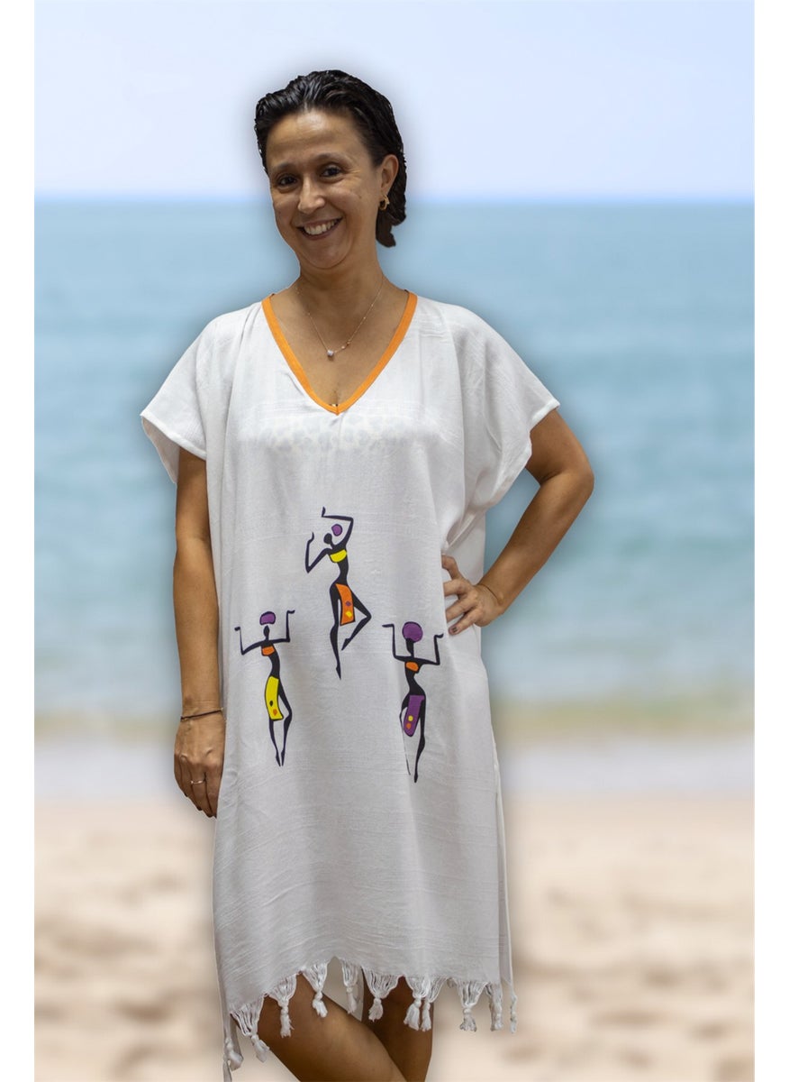 class Beach Dress Viscose Cotton Orange Piping African Pattern S-M  - Image 1