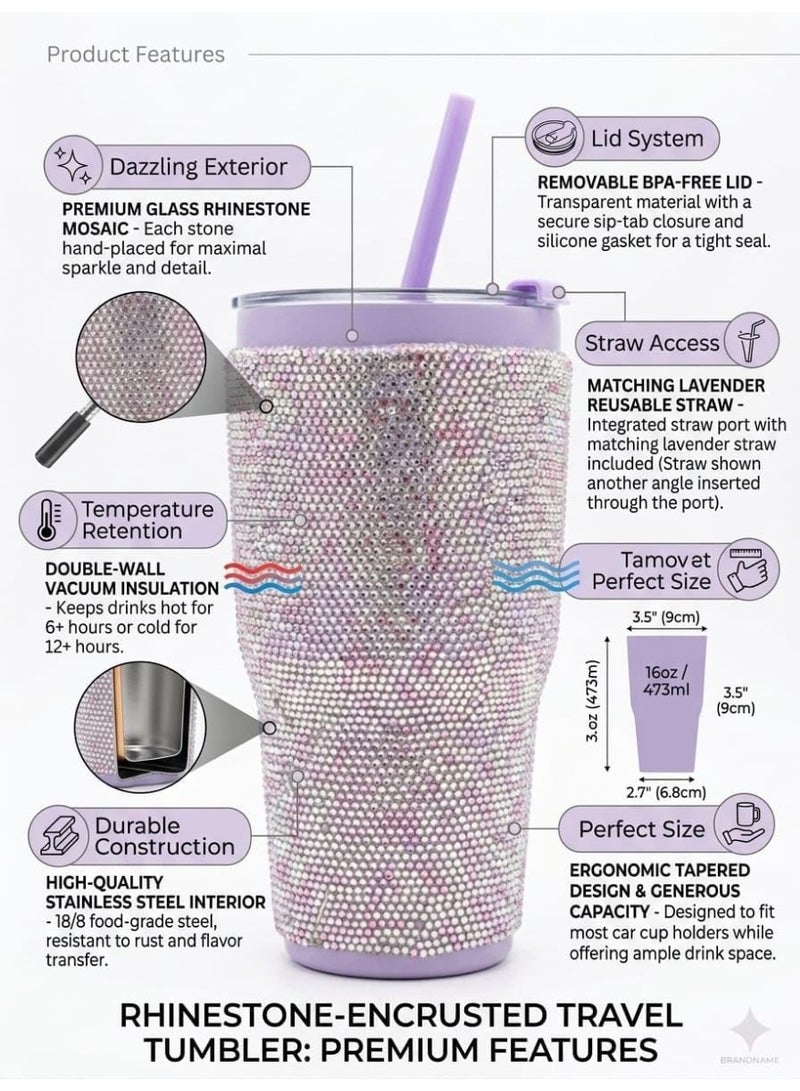 Hope Rhinestone Tumbler with Straw - 20oz Insulated Stainless Steel Bling Travel Mug - Sparkling Purple Crystal Water Bottle for Women, Gift for Bridesmaid, Birthday, or Party - Image 3