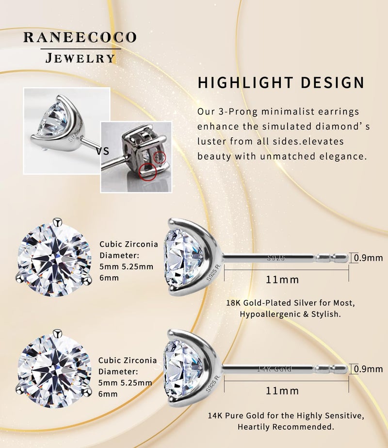 Raneecoco "STUNNING FLAME" 18K Gold Plated Silver Brilliant Cut Simulated Diamond Cubic Zirconia Stud Earrings(yellow-gold-plated-silver, 0.9) - Image 3