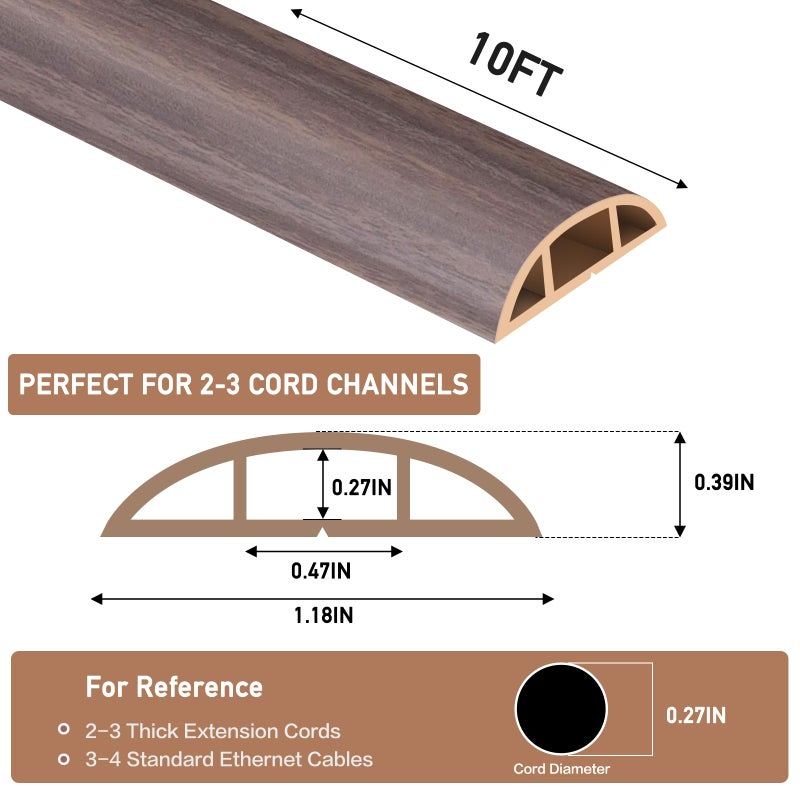 LSGCQ Floor Cord Cover Self Adhesive Cord Hider Floor Extension Cord Covers for Floor Power Cord Protector Cable Management Prevent Cable Trips Cable Cavity 0.47" W x 0.27" H (Brown Walnut Wood, 10Ft) - Image 2